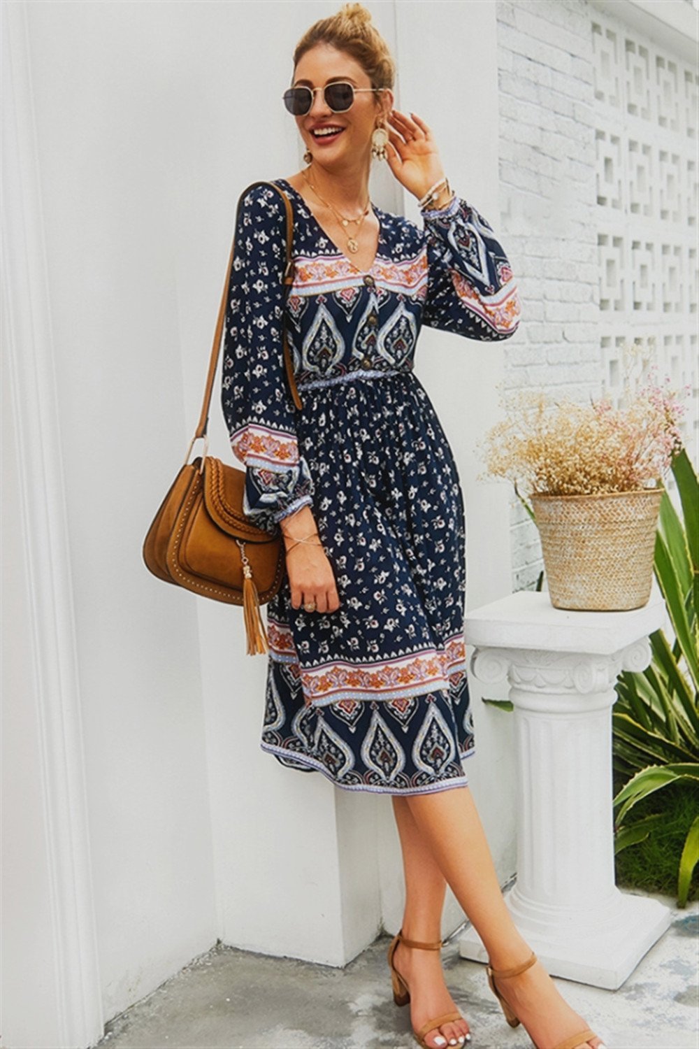 Paisley V Neck Long-sleeved Dress