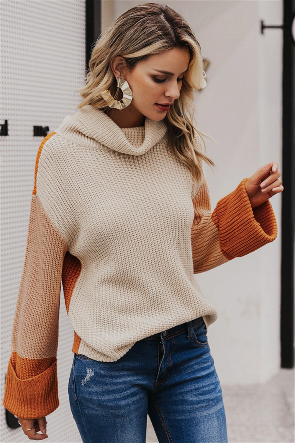 Patchwork Turtleneck Casual Knitted Pullover