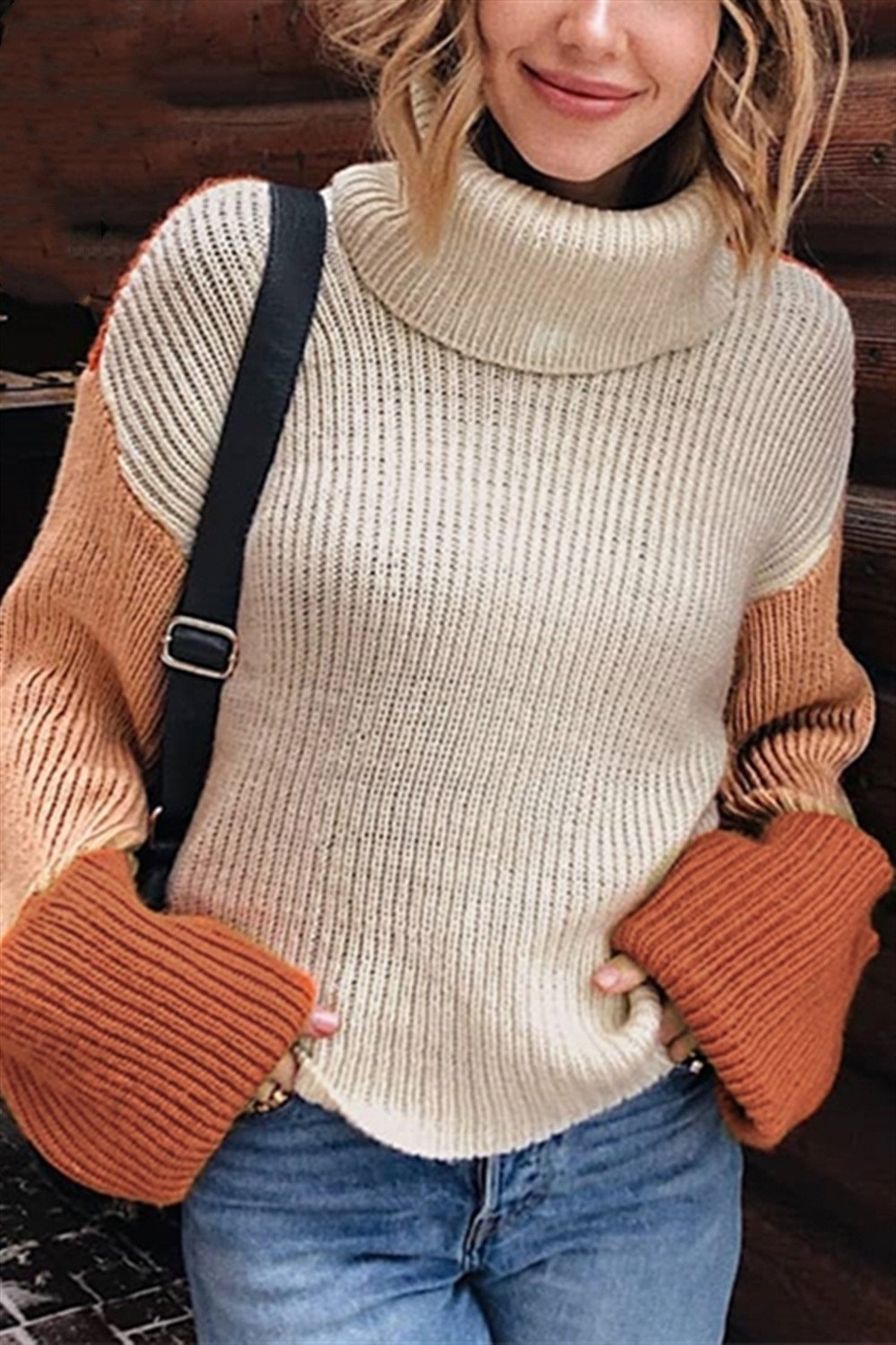 Patchwork Turtleneck Casual Knitted Pullover