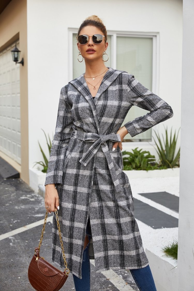 Plaid Tweed Hoodied Coat