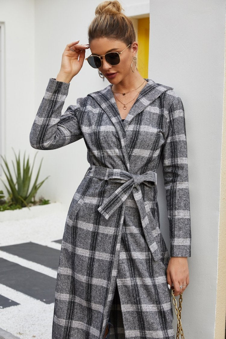 Plaid Tweed Hoodied Coat