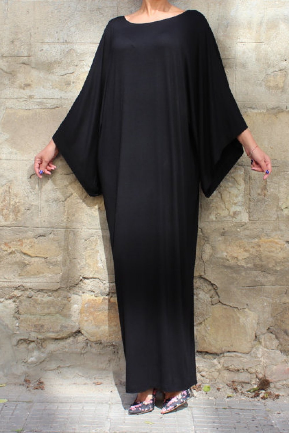 Plain Batwing Sleeve Elastic Waist Dress