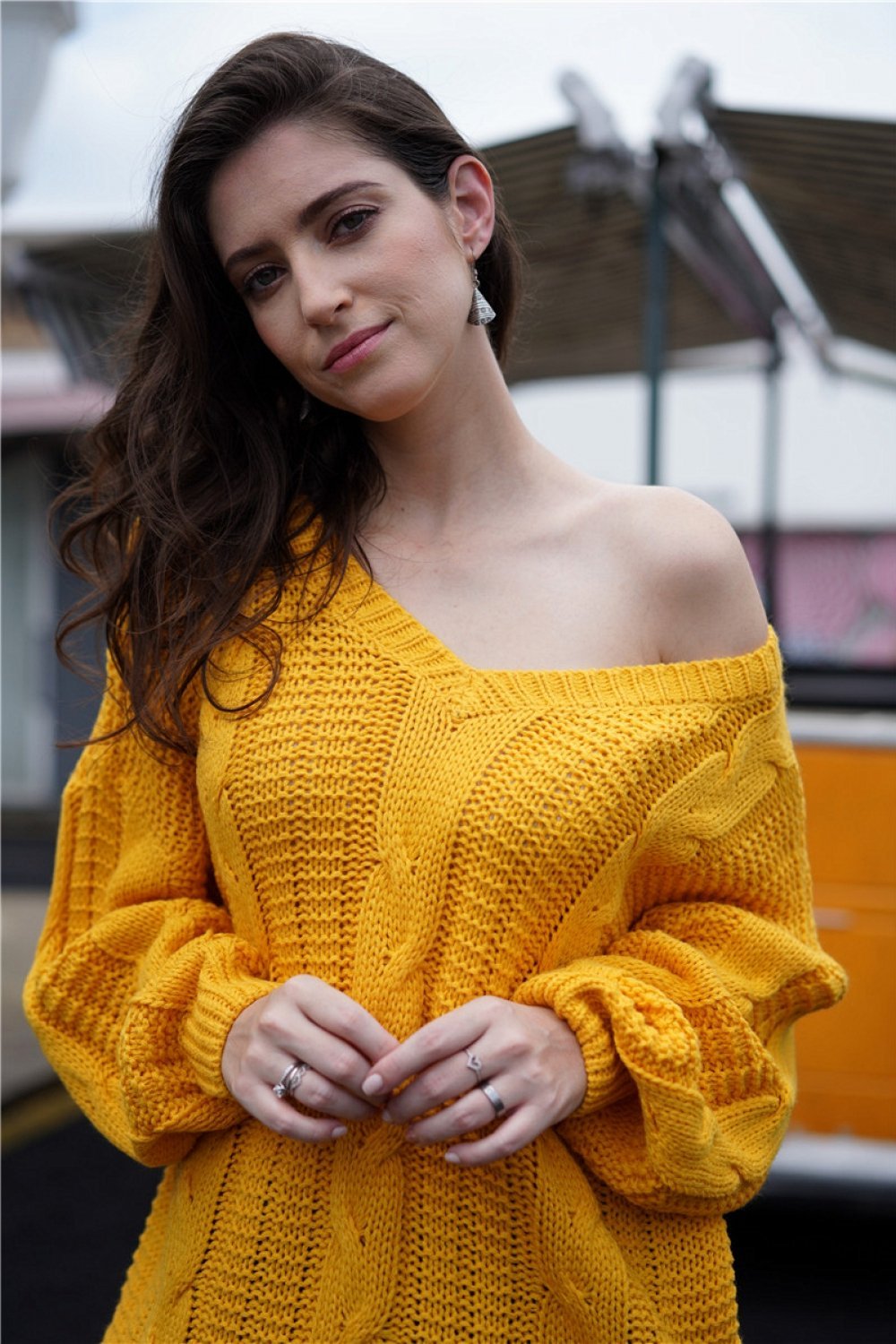 Plain Cable Knit Loose Sweater - Yellow