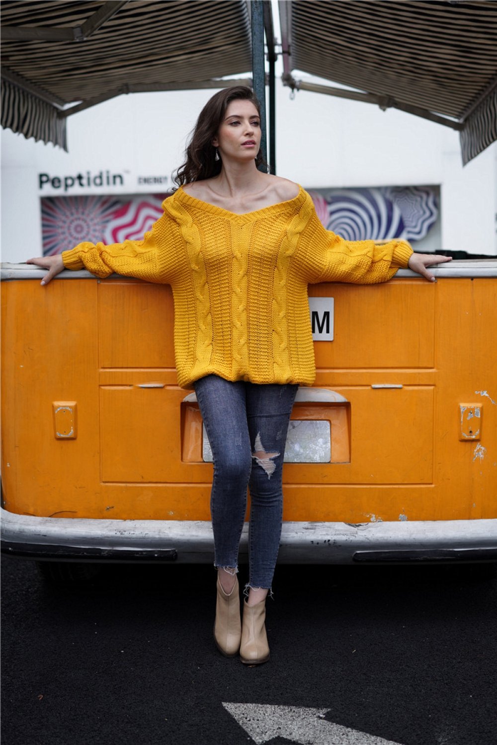 Plain Cable Knit Loose Sweater - Yellow