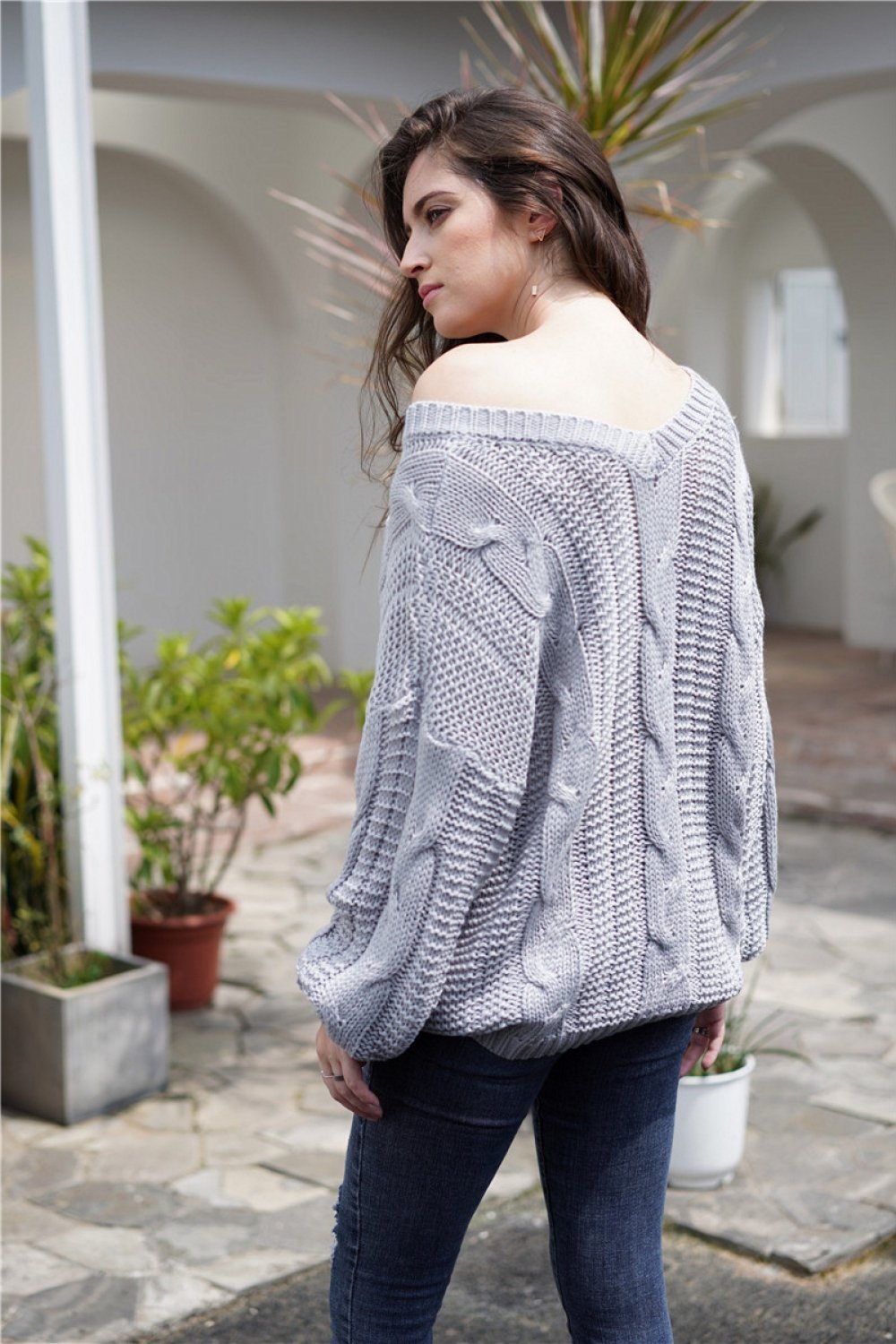 Plain Cable Knit Loose Sweater - Yellow