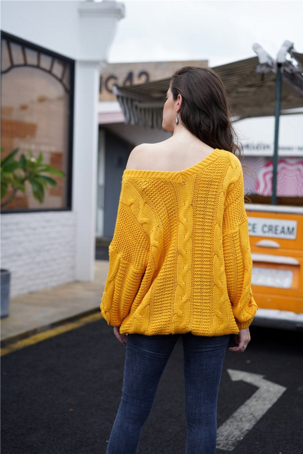 Plain Cable Knit Loose Sweater - Yellow