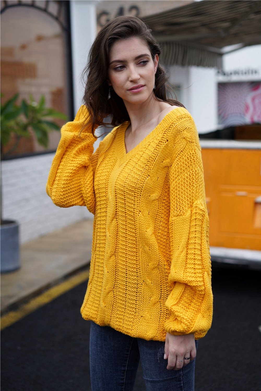 Plain Cable Knit Loose Sweater - Yellow