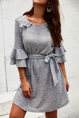 Plain Round Neck Belt Dress