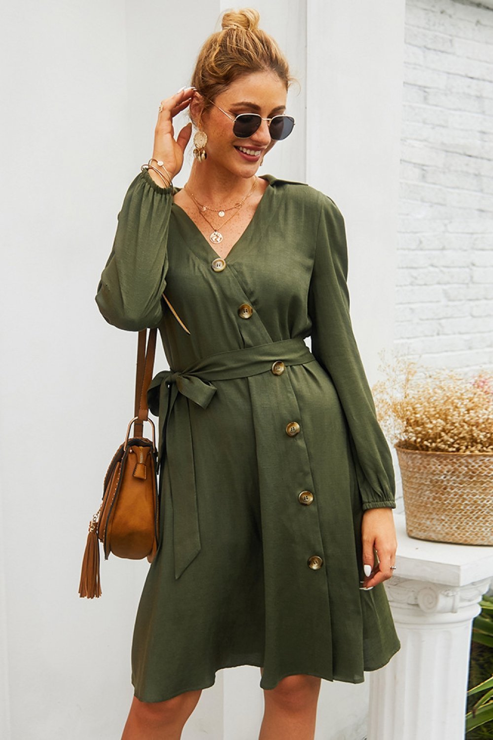 Plain Single Breasted Belt Dress