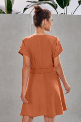 Plain V Neck Belt A-line Dress