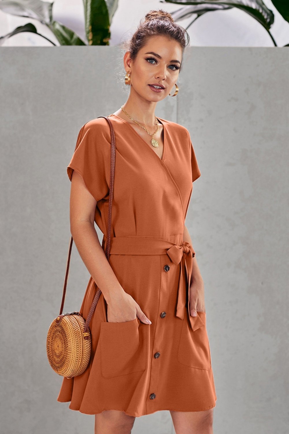 Plain V Neck Belt A-line Dress