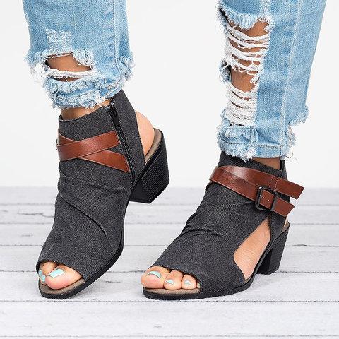 Plus Size Sandals Canvas Peep Toe Zipper Sandals