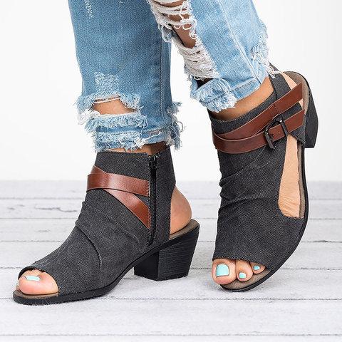 Plus Size Sandals Canvas Peep Toe Zipper Sandals