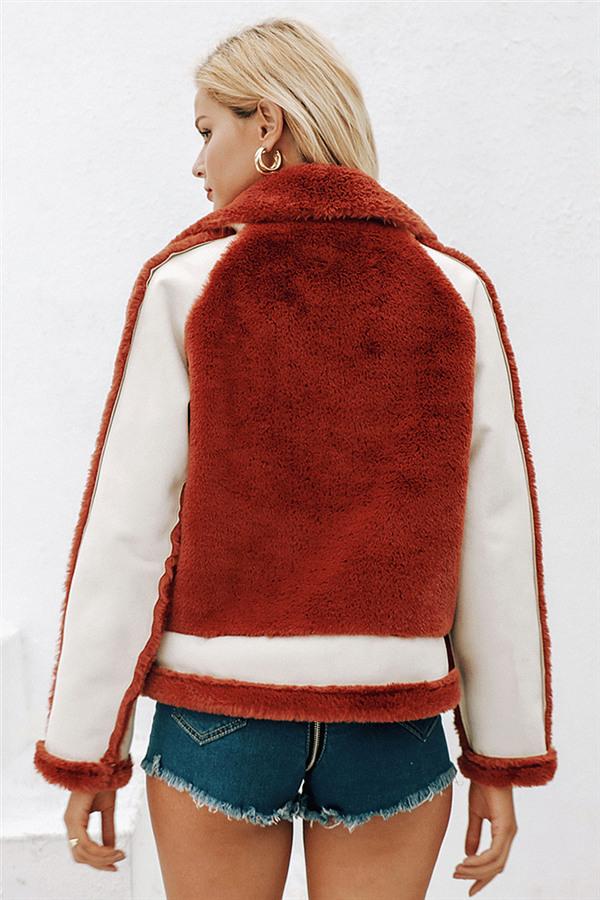 Plush Faux Fur Zipper Jacket - Red