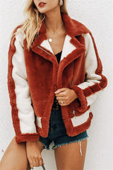 Plush Faux Fur Zipper Jacket - Red