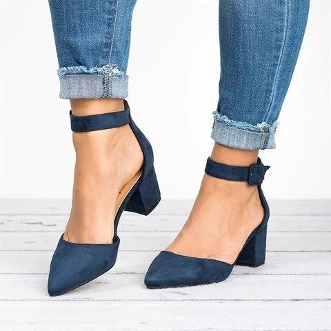 Pointed Toe Chunky Heel Pumps Adjustable Buckle Heel Sandals