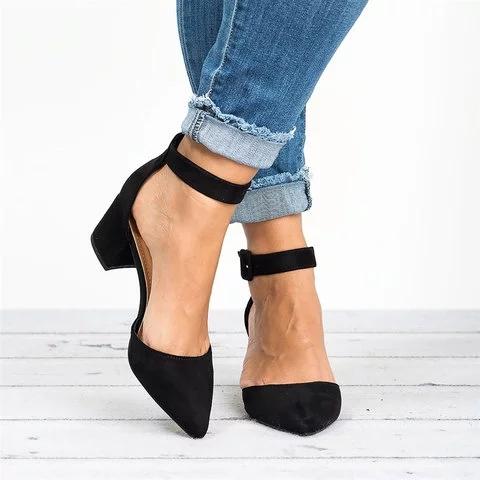 Pointed Toe Chunky Heel Pumps Adjustable Buckle Heel Sandals