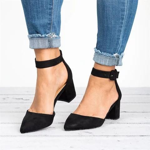 Pointed Toe Chunky Heel Pumps Adjustable Buckle Heel Sandals