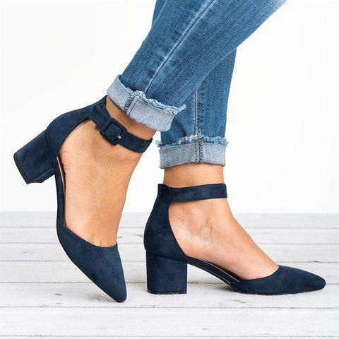 Pointed Toe Chunky Heel Pumps Adjustable Buckle Heel Sandals