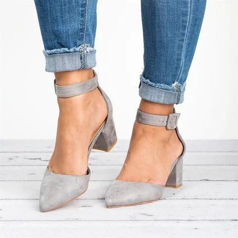 Pointed Toe Chunky Heel Pumps Adjustable Buckle Heel Sandals