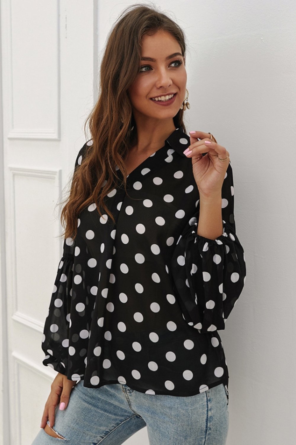 Polka Dot Lantern Sleeve Blouse