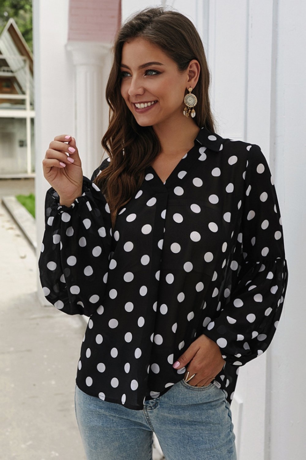 Polka Dot Lantern Sleeve Blouse