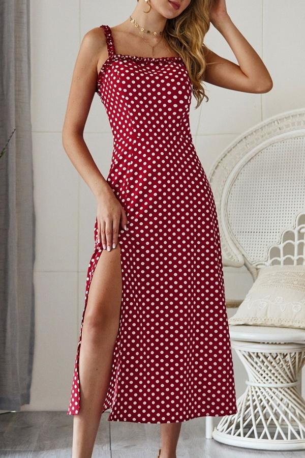 Polka Dot Sleevleess Slit Dress