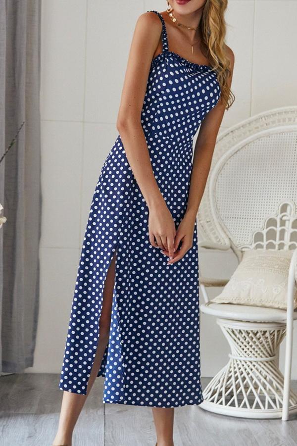 Polka Dot Sleevleess Slit Dress