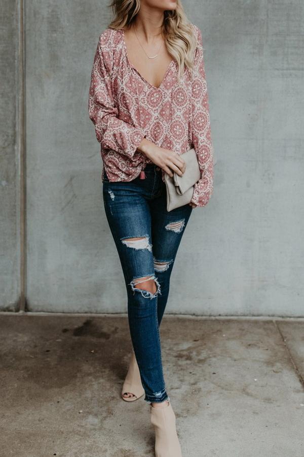 Printed Chiffon V-neck Long-sleeved Shirt
