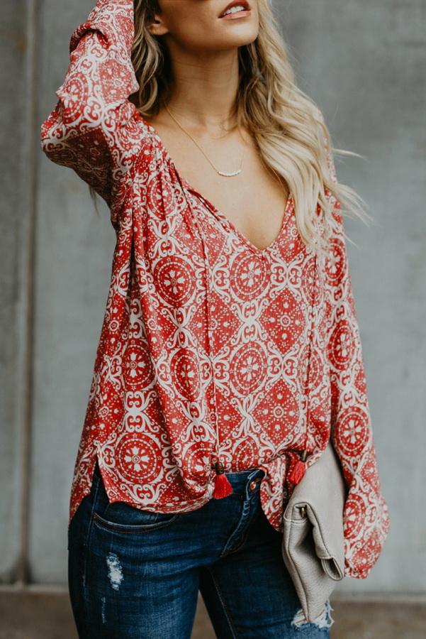 Printed Chiffon V-neck Long-sleeved Shirt