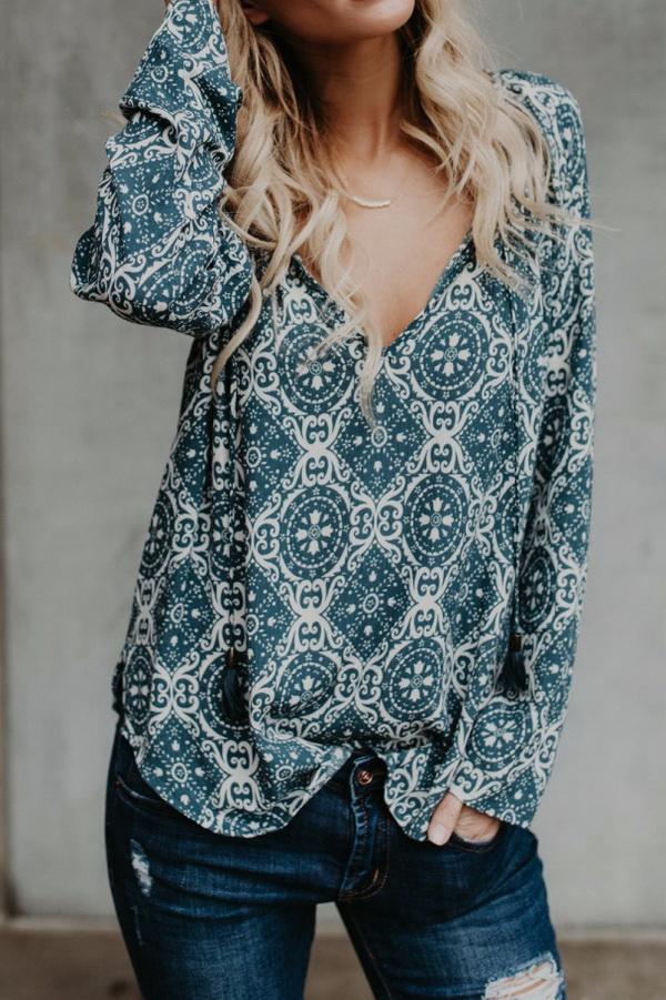 Printed Chiffon V-neck Long-sleeved Shirt