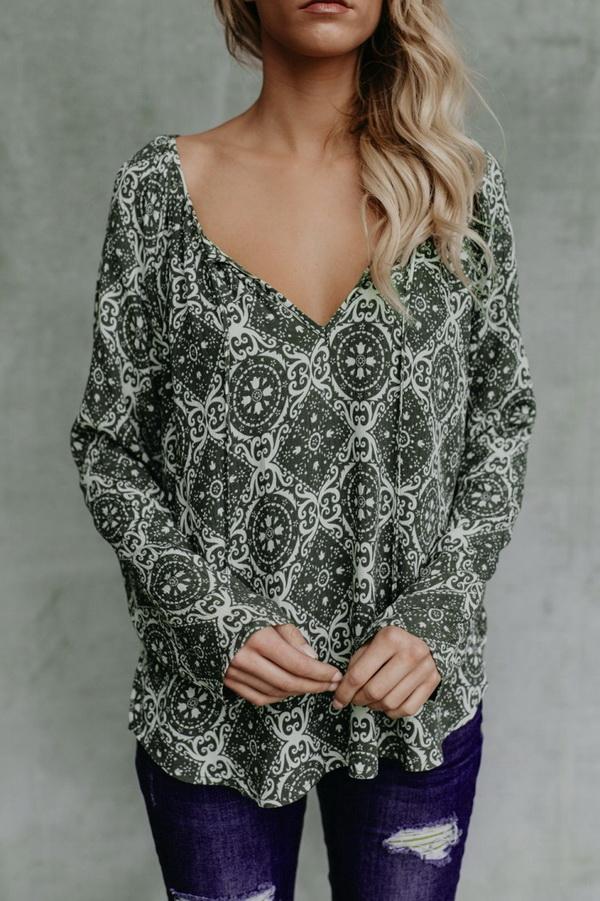 Printed Chiffon V-neck Long-sleeved Shirt