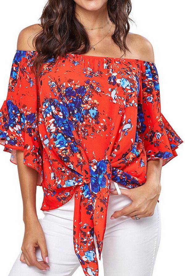 Printed Knotted Flare Sleeve Jacket