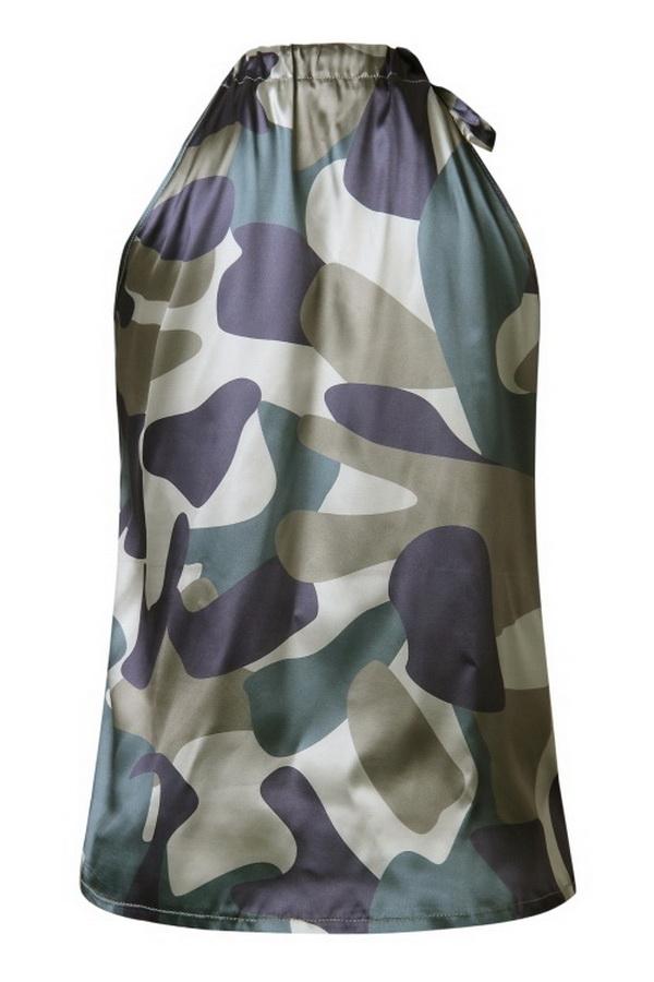 Printed Off-shoulder Slim Sleeveless T-shirt