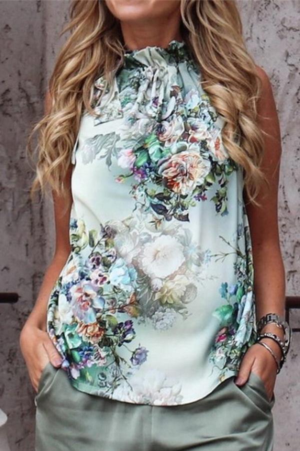Printed Off-shoulder Slim Sleeveless T-shirt