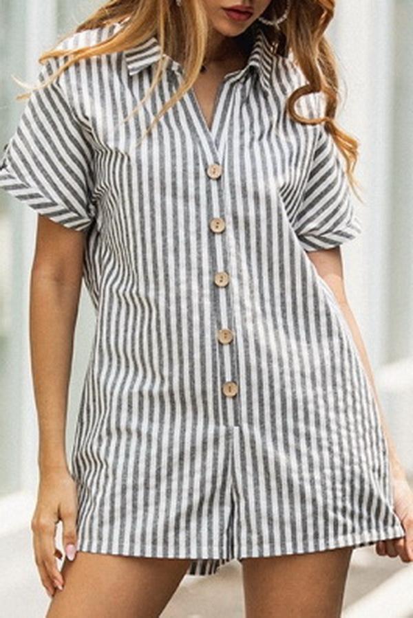 Printed Striped Pocket Single Breasted Jumpsuit