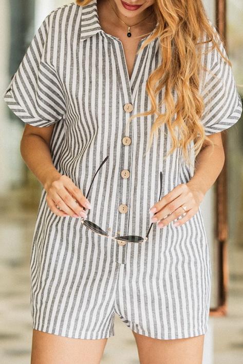 Printed Striped Pocket Single Breasted Jumpsuit