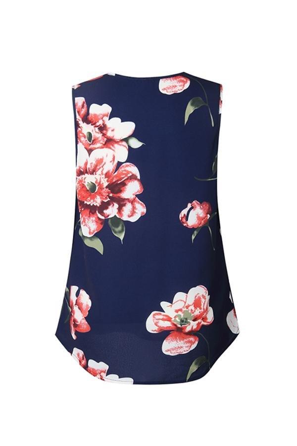 Printed Zipper V-neck Irregular T-shirt