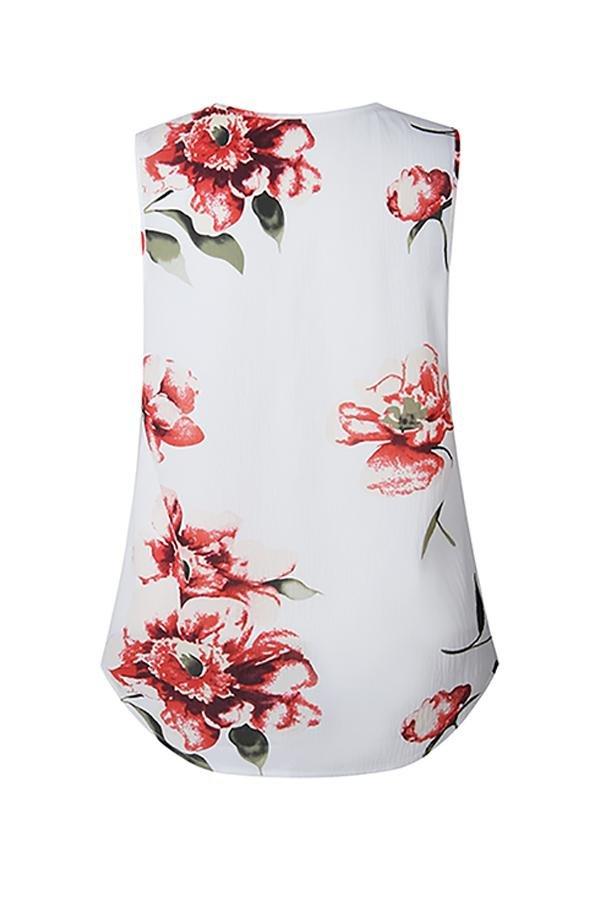 Printed Zipper V-neck Irregular T-shirt