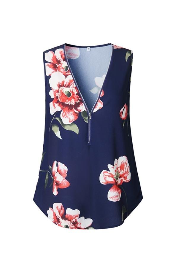 Printed Zipper V-neck Irregular T-shirt