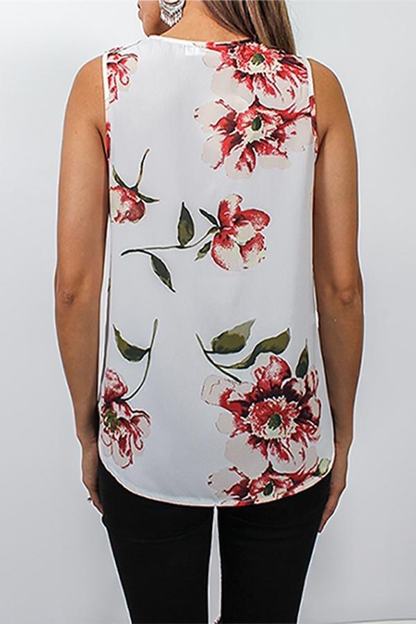 Printed Zipper V-neck Irregular T-shirt