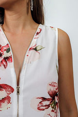 Printed Zipper V-neck Irregular T-shirt