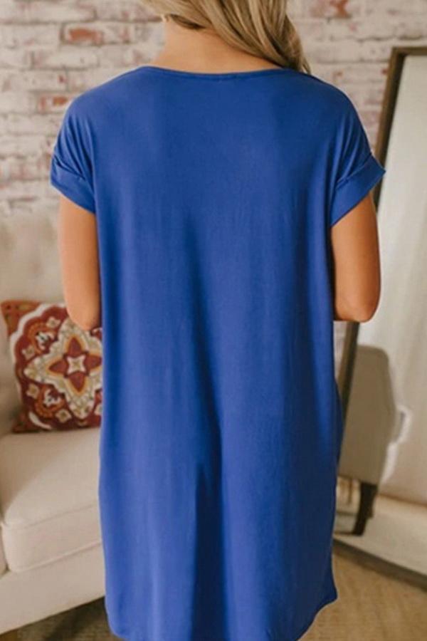 Pure Collor V-collar Casual Loose T-shirt Dress