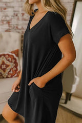 Pure Collor V-collar Casual Loose T-shirt Dress