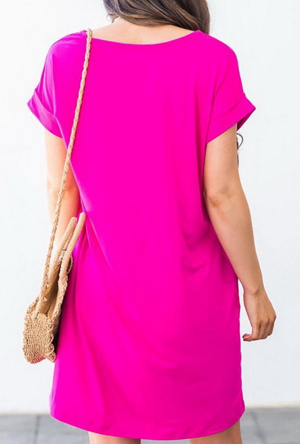 Pure Collor V-collar Casual Loose T-shirt Dress