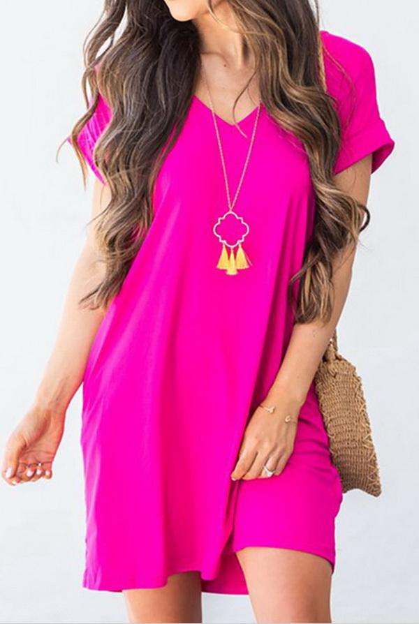 Pure Collor V-collar Casual Loose T-shirt Dress