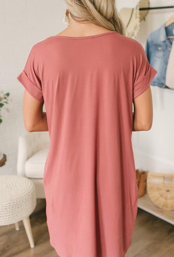 Pure Collor V-collar Casual Loose T-shirt Dress