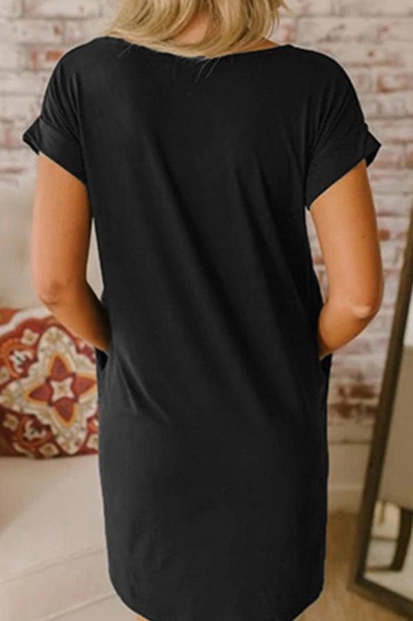 Pure Collor V-collar Casual Loose T-shirt Dress