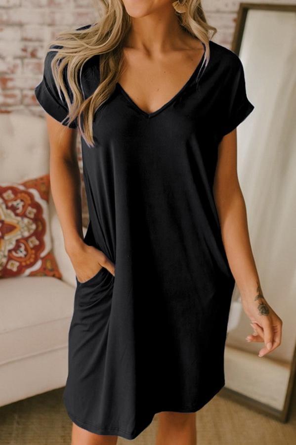 Pure Collor V-collar Casual Loose T-shirt Dress