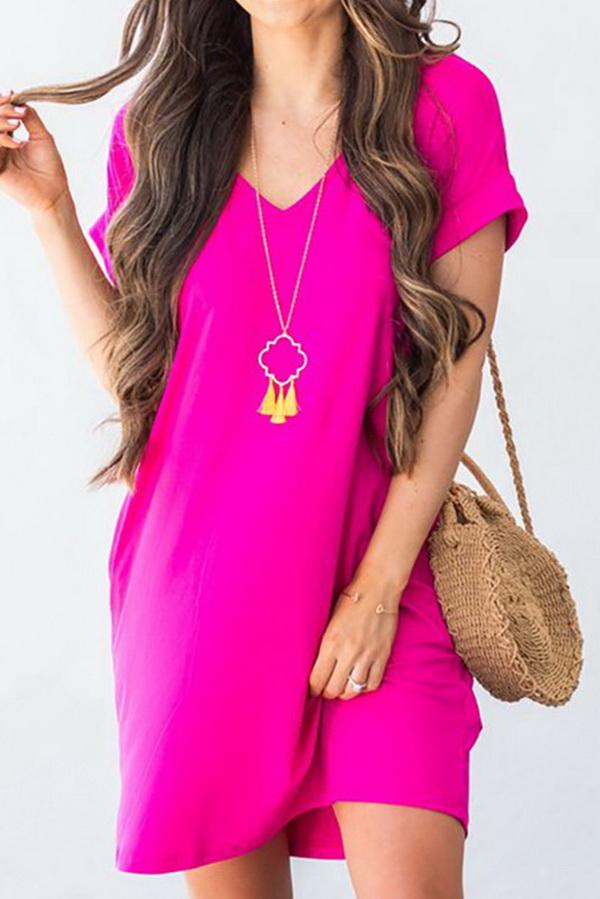 Pure Collor V-collar Casual Loose T-shirt Dress